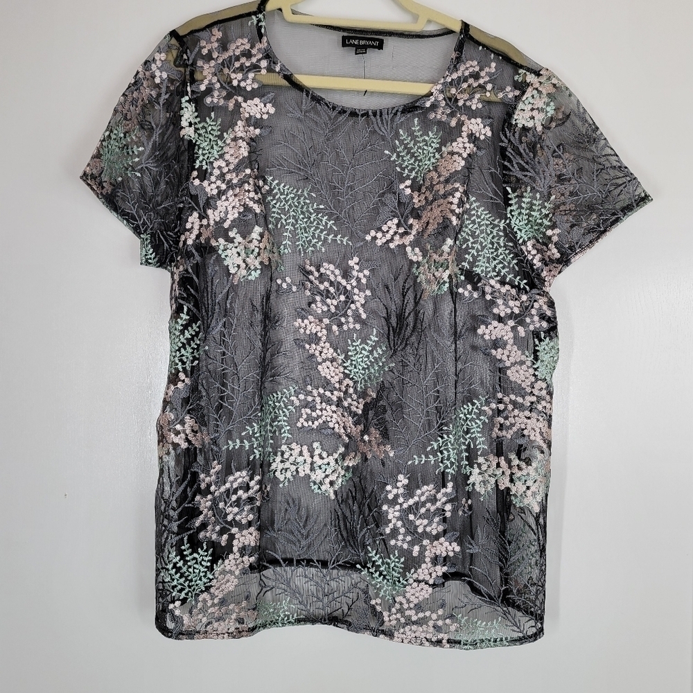 Lane Bryant Mesh Sheer Floral Embroidered Short Sleeve Top Sz 18/20 Black‎ Cover
